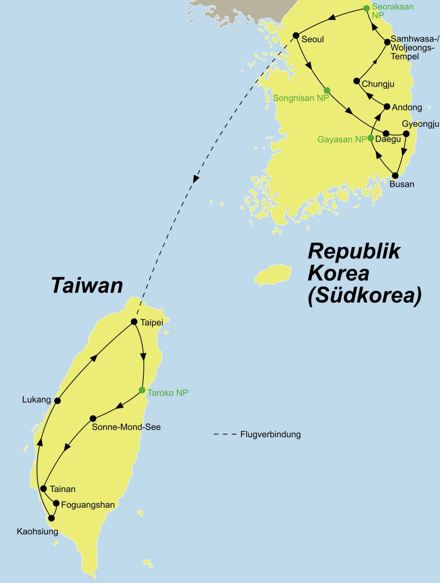 Der Reiseverlauf zun unserer Korea Taiwan Reise startet in Seoul und endet in Taipeh.