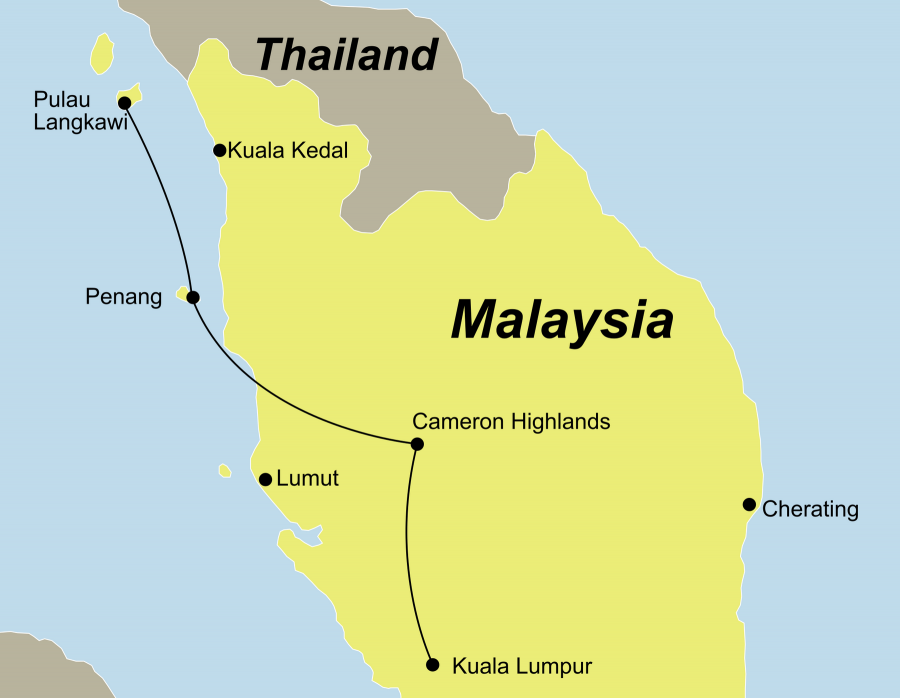 Die Malaysia Rundreise führt von Kuala Lumpur über die Batu Caves, die Cameron Highlands, Ipoh und Penang nach Langkawi.