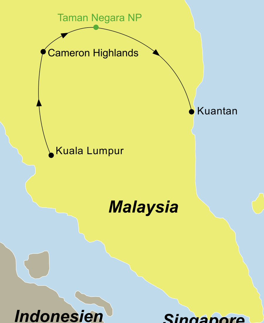 Die Malaysia Rundreise führt von Kuala Lumpur über die Cameron Highlands und den Taman Negara Nationalpark nach Kuantan.