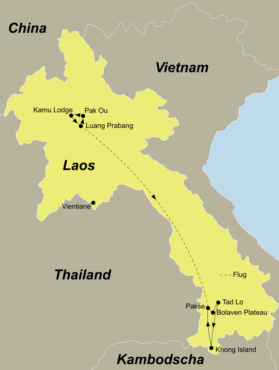 Der Reiseverlauf zu unserer Laos Reise von der Königsstadt Luang Prabang in den Süden startet in Luang Prabang und endet in Pakse.