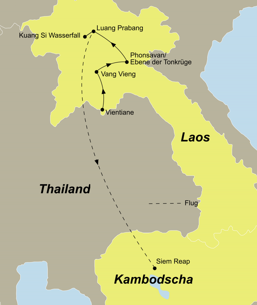Der Reiseverlauf zu unserer Laos Reise startet in Vientiane und endet in Siem Reap.