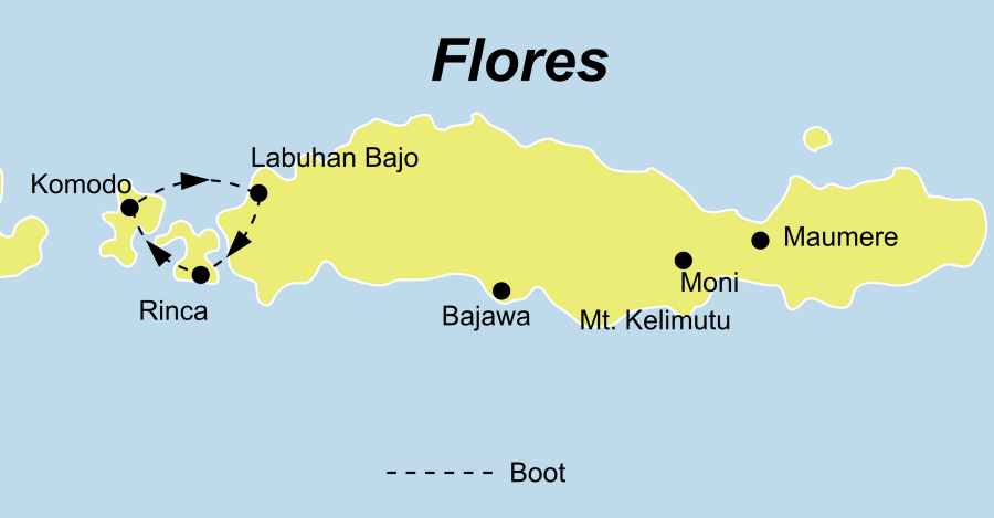 DieIndonesien Rundreise führt von Labuan Bajo über Rinca Island, Komodo, Pink Beach, Labuan Bajo, Ruteng, Bajawa, Riung, Ende, Moni, Kelimutu, Jopu nach Maumere.