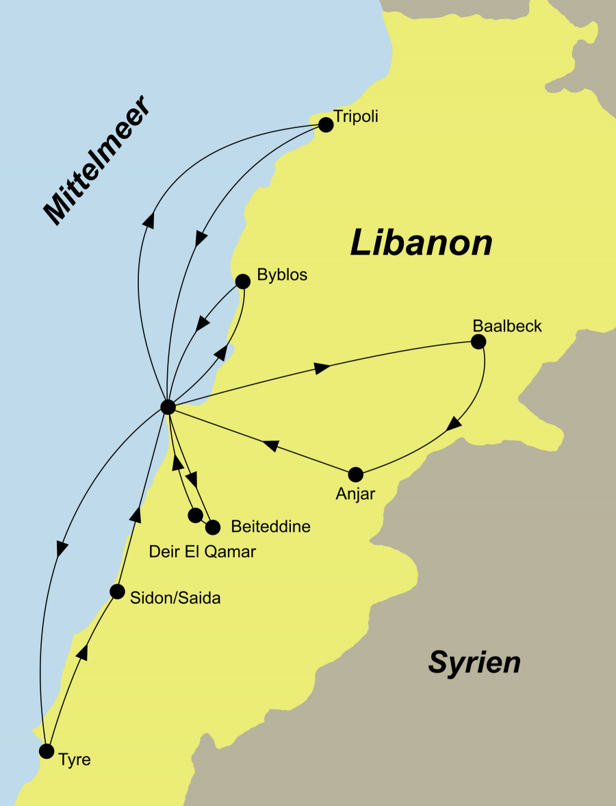 Die Libanon Rundreise führt von Beirut über Tyre, Saida, Tripoli, Harissa, Byblos, Deir El Qamar, Beiteddine, Baalbek, Anjar zurück nach Beirut.
