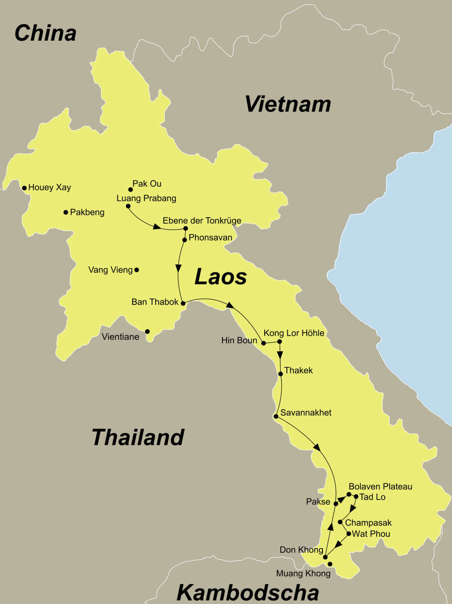 Die Laos Rundreise führt von Luang Prabang über die Ebene der Tonkrüge, Ban Thabuk, Hin Boun, Kong Lor Höhle, Thakek, Savannakhet, Pakse, Bolaven-Plateau, Tadlo, Champassak, Wat Phou, Khong Island nach Pakse.