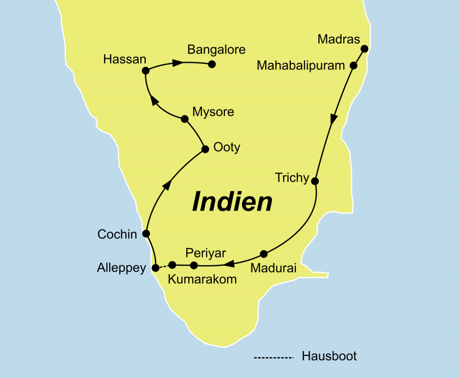 Die Indien Rundreise führt von Madras (Chennai) über Mahabalipuram, Trichy, Madurai, Periyar, Kumarakom, Alleppey, Cochin, Ooty, Mysore, Hassan nach Bangalore.