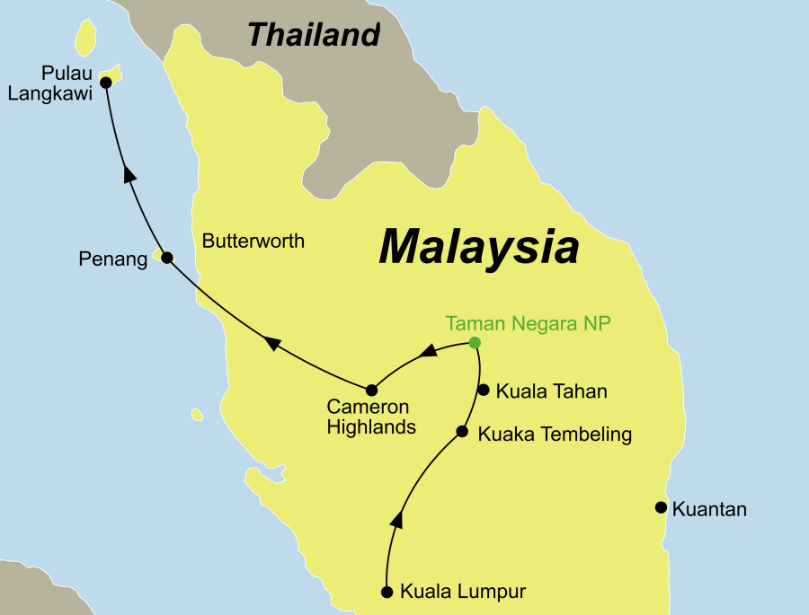 Die Malaysia Rundreise führt von Kuala Lumpur über den Taman Negara Nationalpark, die Cameron Highlands und Penang nach Langkawi.