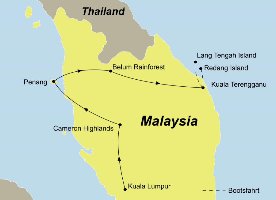 Der Reiseverlauf zu unserer Malaysia Reise Malyasi Individuell mit Redang Lang Tengah startet in Kuala Lumpur und endet in Lang Tengah oder Redang Island.