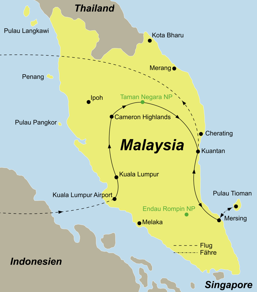 Der Reiseverlauf zu unserer Malaysia Reise Malyasia - von West nach ost mit Baden auf Tioman startet in Kuala Lumpur und endet in Tioman.