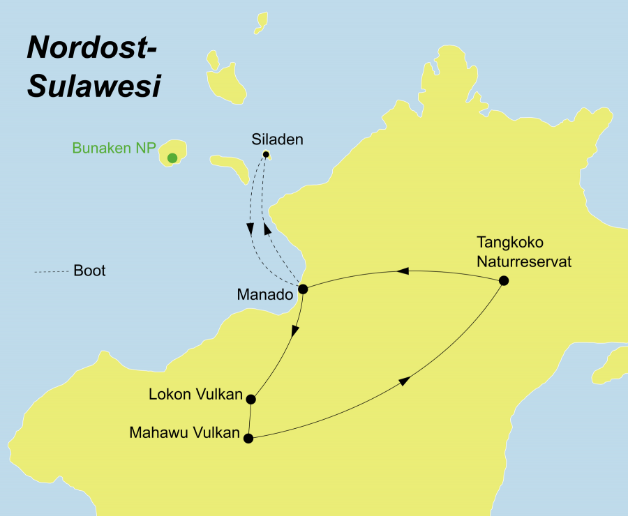Die Sulawesi Rundreise führt von Manado über Lokon Vulkan, Mahawu Vulkan, Tangkoko Naturreservat zurück nach Manado.