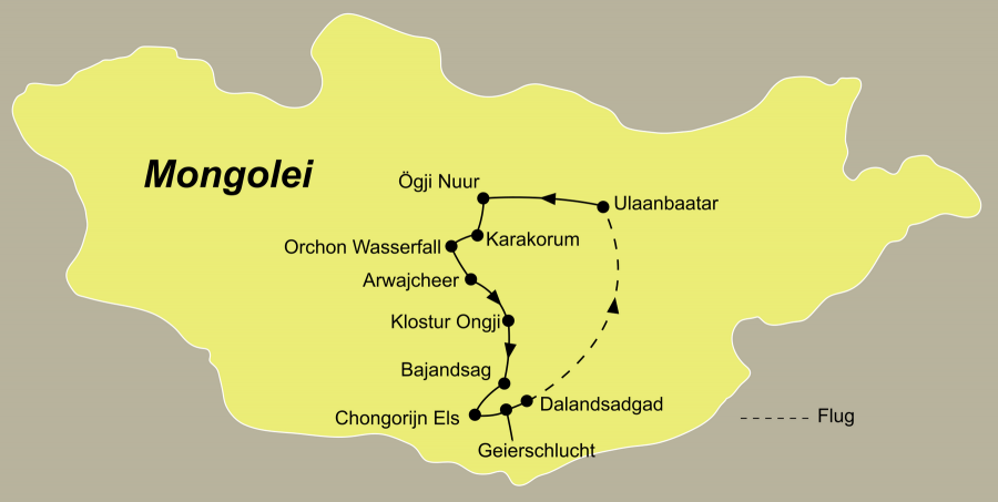 Die Mongolei Rundreise führt von Ulaanbaatar nach Karakorum, Orchon-Wasserfall, Naiman Nuur, Kloster Ongii, Bajanzag, Khongoryn Else, Dalanzadgad zurück nach Ulaanbaatar.