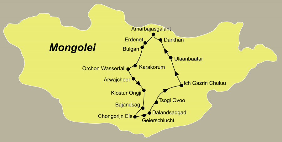 Die Mongolei Rundreise führt von Ulaanbaatar über Kloster Amarbajasgalant, Erdenet, Bulgan, Ögij Nuur, Karakorum, Arwajcheer, Bajandsag, Dalandzadgad, Mandelgobi zurück nach Ulaanbaatar.