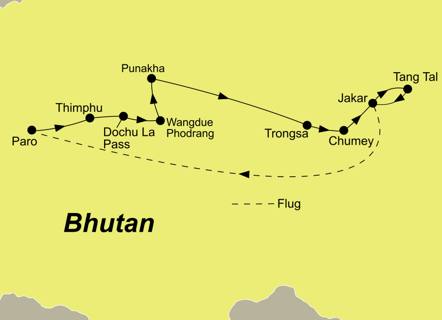 Die Bhutan Rundreise führt von Paro über Thimphu, den Dochu La Pass, Wangdue Phodrang, Punakha, Trongsa, das Chumey Tal, Jakar und das Tang Tal zurück nach Paro.