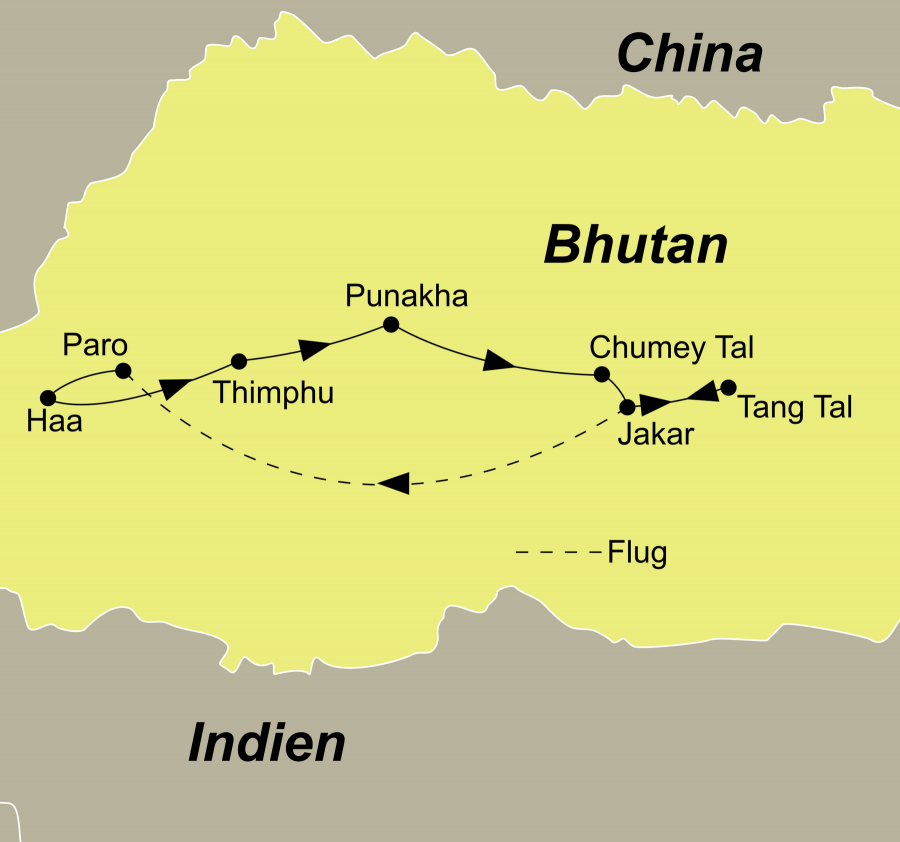 Der Reiseverlauf zu unserer Bhutan Aktivreise - Wandern auf alten Pilgerpfaden startet und endet in Paro.