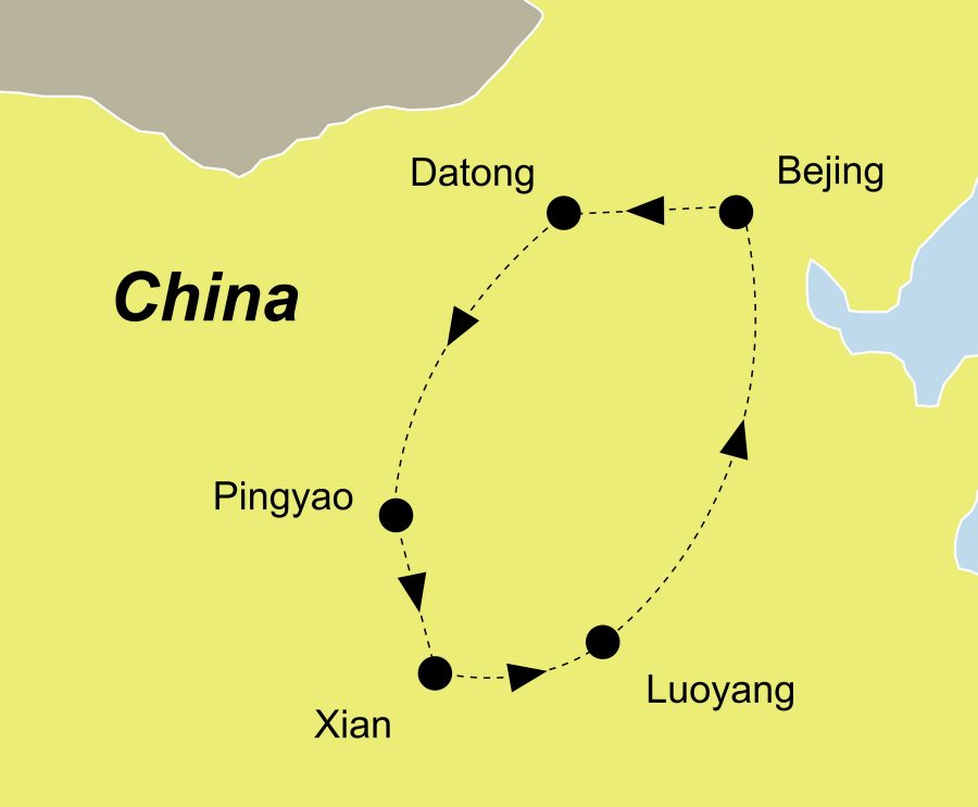 Die Reiseroute der China Rundreise führt von Peking über Datong, Pingyao, Xian, Luoyang nach Peking.