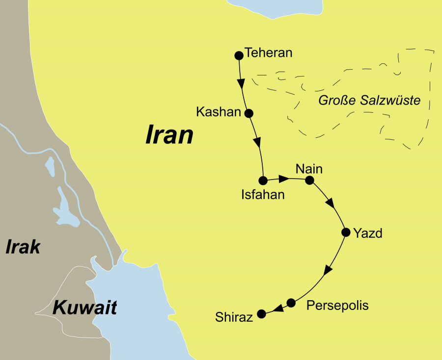 Der Reiseverlauf zu unserer Iran Reise Iran erleben startet in Teheran und endet in Shiraz.