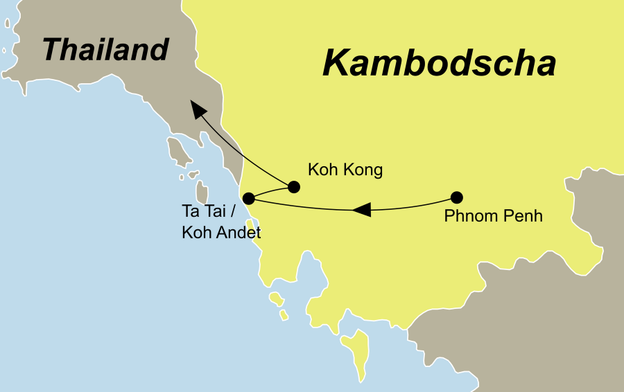 Die Kambodscha Rundreise führt von Phnom Penh über Ta Tai, Koh Andet, Koh Kong nach Thailand.