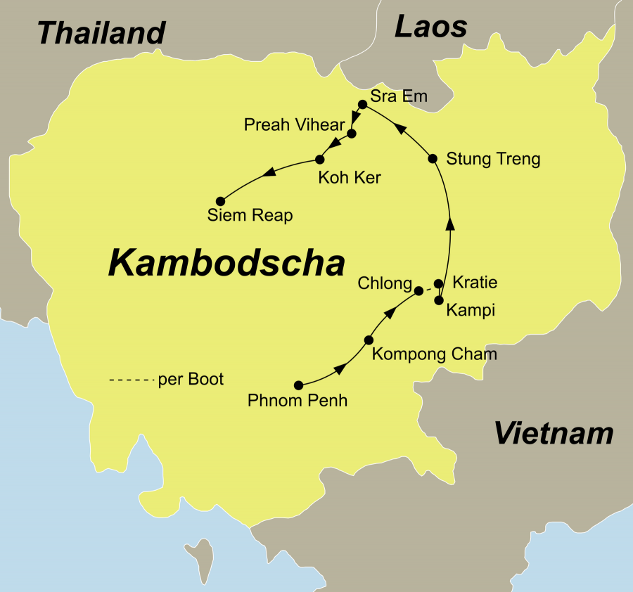 Die Kambodscha Rundreise führt von Phnom Penh über Kampong, Cham, Chlong, Kratie, Kampi, Sambo, Stung Treng, Sra Em, Prasat Preah Vihear Tempel, Tempel Beng Mealea, Tempelkomplex Koh Ker nach Siem Reap.