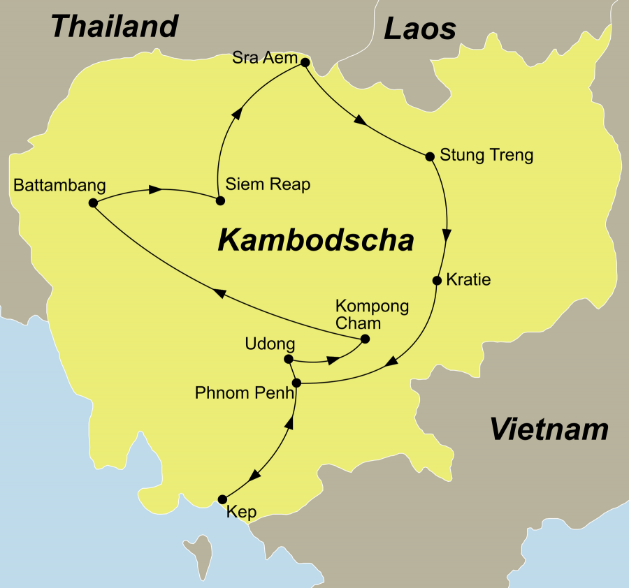 Der Reiseverlauf zu unserer Kambodscha Rundreise unbekanntes Kambodscha startet und endet in Phnom Penh.