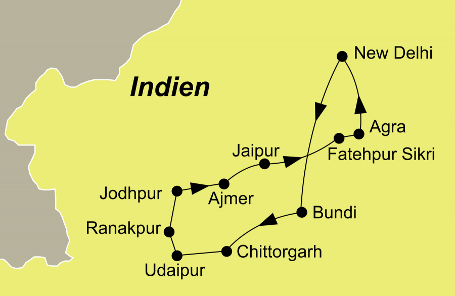 Der Reiseverlauf zu unserer Indien Reise Rajasthan & Nordindien - Reisen mit Puskar Fest startet und endet in Delhi.