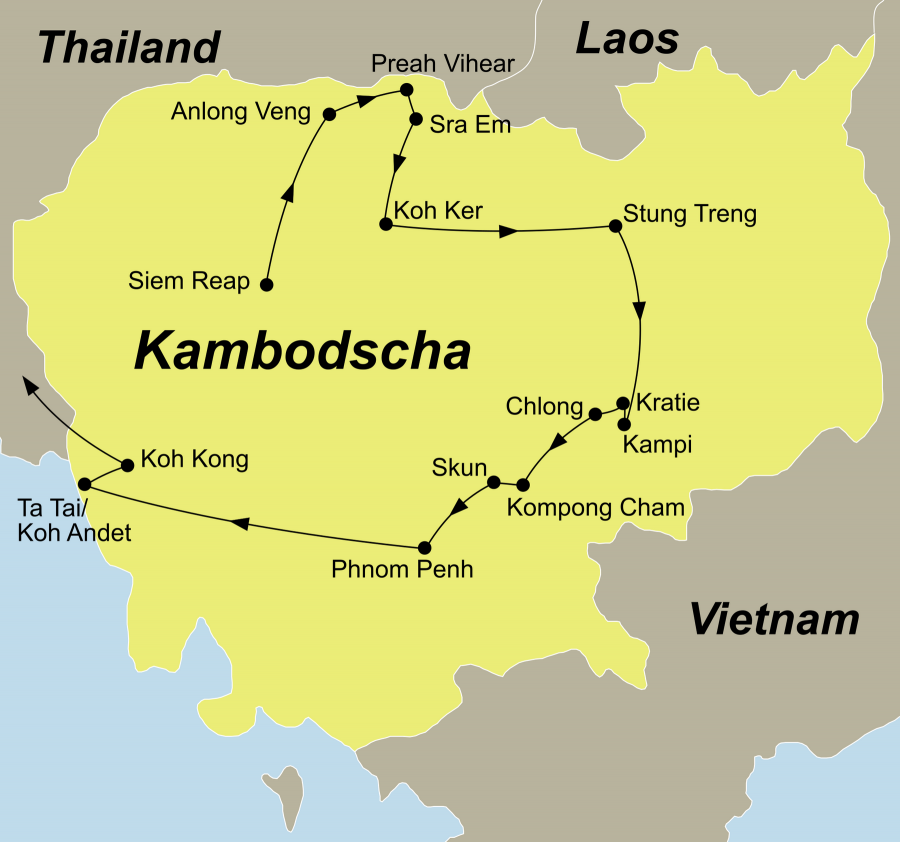 Die Kambodscha Rundreise führt von Siem Reap über Anlong Veng, Preah Vihear, Sra Em, Koh Ker, Stung Treng, Sambo, Kampi, Kratie, Chlong, Kampong Cham, Skun, Phnom Penh, Ta Tai, Koh Andet, Koh Kong nach Thailand.