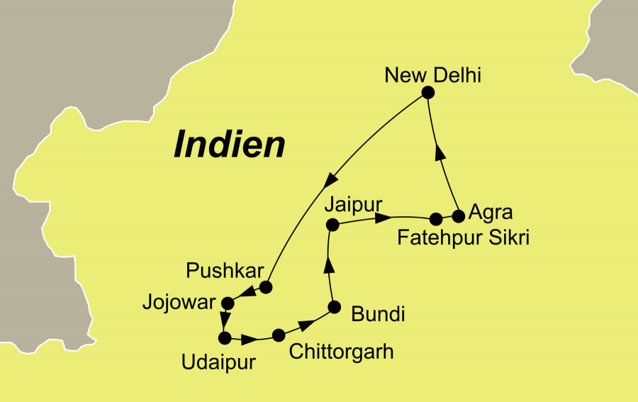 Der Reiseverlauf zu unserer Indien Reise Erlebnis Rajasthan und Taj Mahal startet und endet in Delhi.
