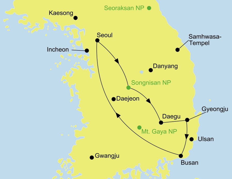 Die Korea Rundreise führt von Seoul über den Songnisan Nationalpark, Gyeongju und Busan wieder nach Seoul zurück oder zur Verlängerung auf die Insel Jeju.