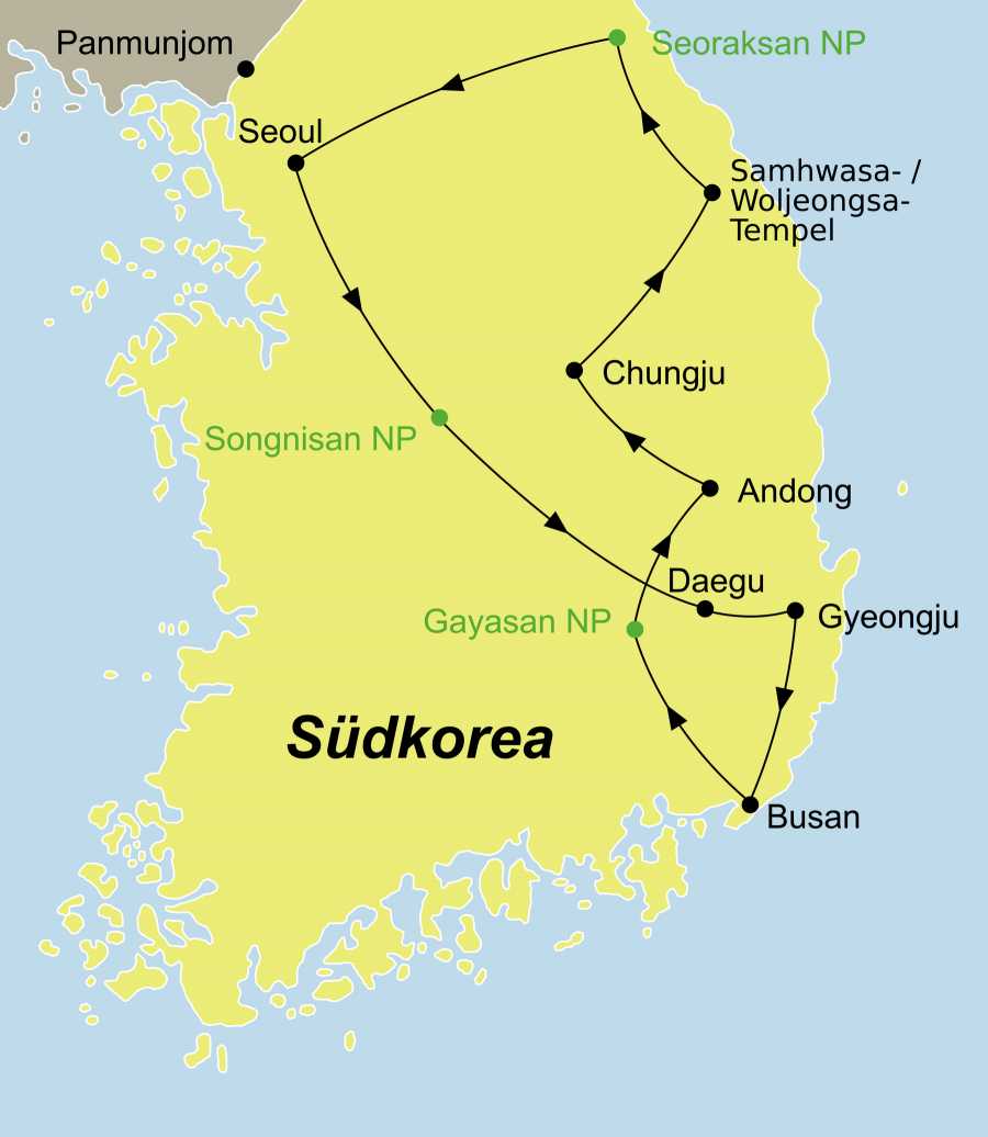 Die Korea Rundreise führt von Seoul über Daegu, Gyeongju, Busan, Andong, Chungju wieder nach Seoul .