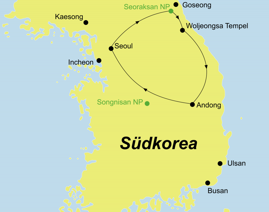 Die Korea Rundreise führt von Seoul über den Seoraksan Nationalpark, den Woljeongsa Tempel und Andong wieder zurück nach Seoul.