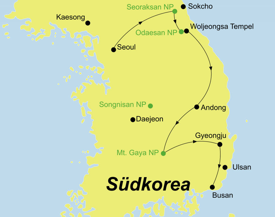 Die Korea Rundreise führt von Seoul über Mt. Seorak, Mt. Odaesan, Andong, Mt. Gayasan, Gyeongju nach Busan.