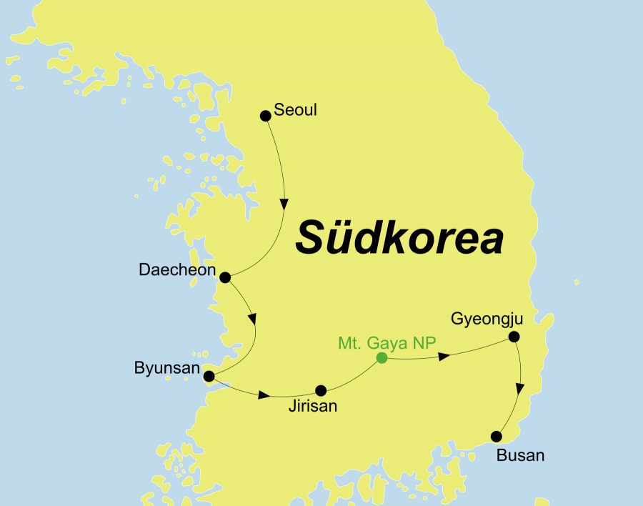 Die Korea Rundreise führt von Seoul über Daecheon, Byunsan, Mt. Jirisan, Mt. Gayasan Nationalpark, Gyeongju nach Busan.
