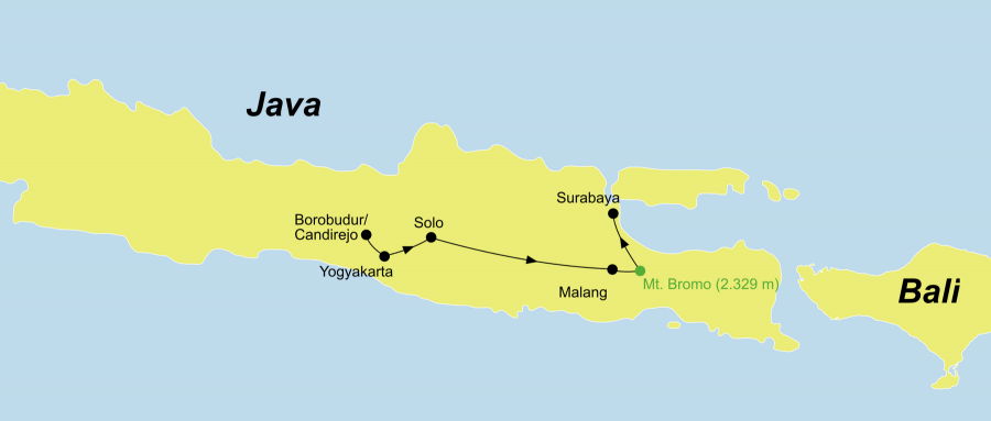 Die Java Rundreise fürht von Yogyakarta über Solo, Malang, Mount Bromo nach Surabaya.