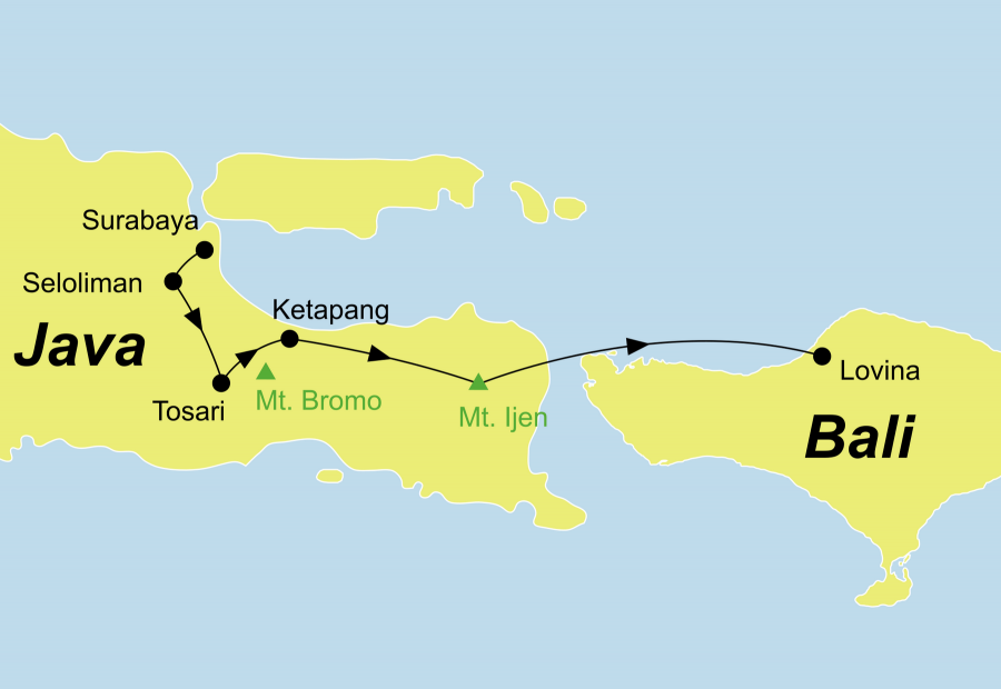 Die Java Rundreise führt von Surabaya über Seloliman, Mount Bromo, Baluran Nationalpark, Ketapang, Mount Ijen nach Nordbali.
