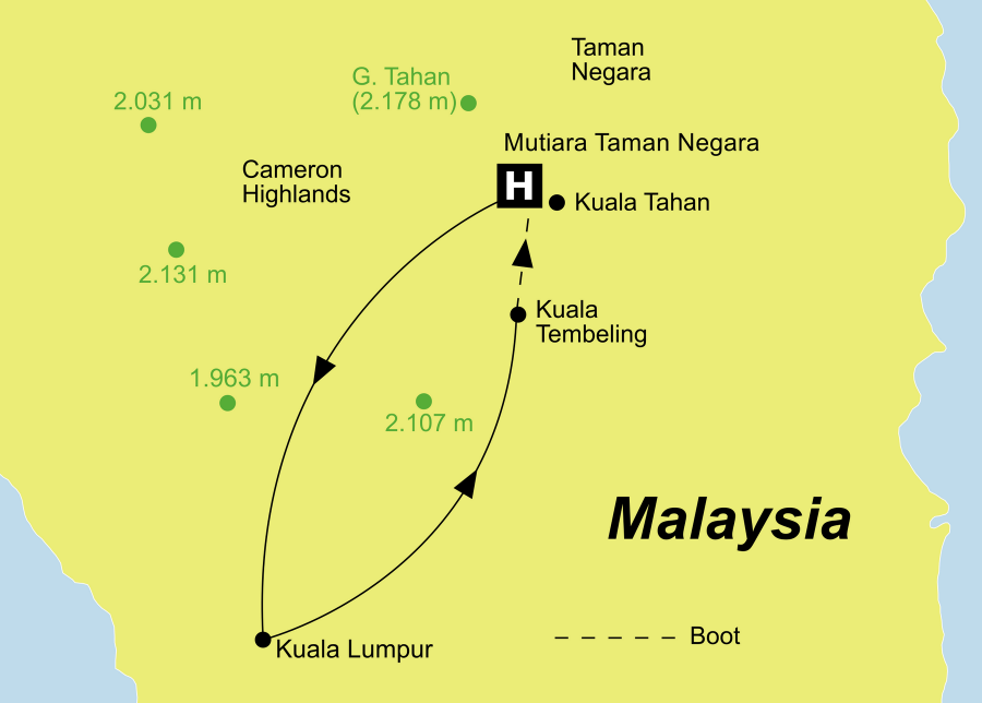 Die Malaysia Rundreise führt von Kuala Lumpur über Kuala Tembeling, den Taman Negara Nationalpark und Kuala Tahan wieder zurück nach Kota Kinabalu.