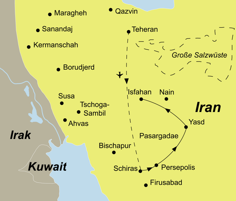 Die Iran Rundreise führt von Teheran über Shiraz, Persepolis, Yazd nach Isfahan.