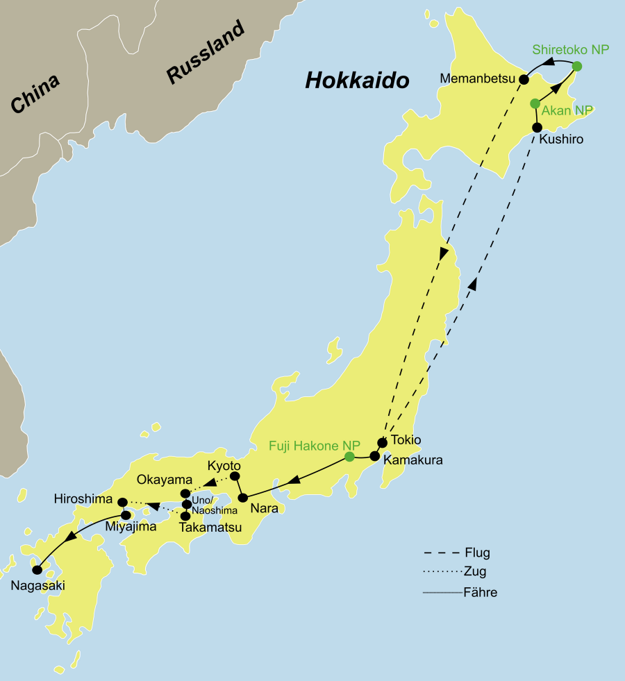 Der Reiseverlauf zu unserer Japan Reise Japan 4 Inseln startet und endet in Tokio.