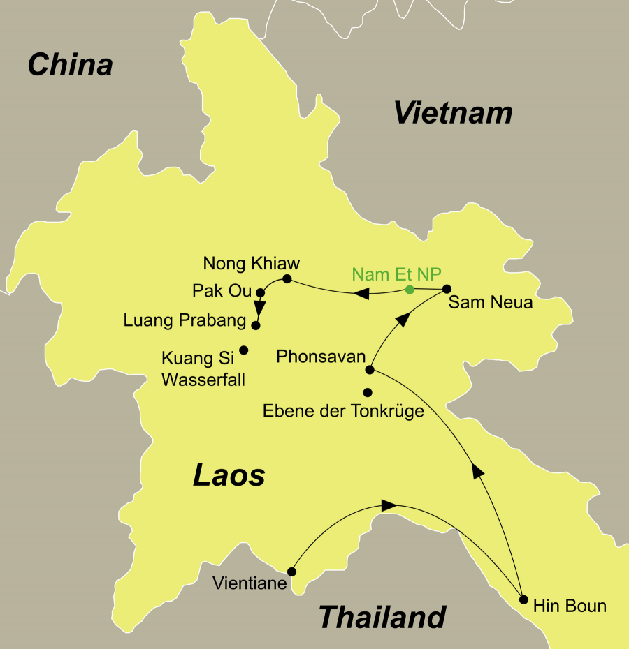 Die Laos Rundreise führt von Vientiane über Prabaht Ponsan, Hin Boun, Kong Lor Höhle, Ban Thabuk, Phonsavan, Ebene der Tonkrüge, Sam Neua, Vieng Xay, Nam Et Nationalpark inkl. Nachtsafari, Nong Khiaw, Pak Ou Höhlen nach Luang Prabang.