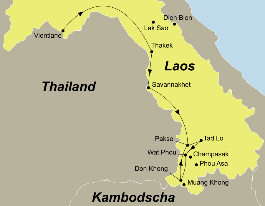 Die Laos Rundreise führt von Vientiane über Prabaht Ponsan, Ban Thabuk, Hin Boun, Kong Lor Höhle, Thakek, Savannakhet, Pakse, Bolaven Plateau, Tadlo, Champassak, Wat Phou, Don Daeng, Don Khone nach Pakse.