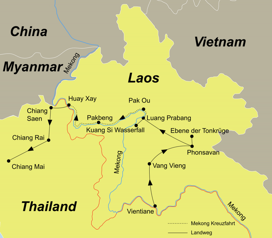 Der Reiseverlauf zu unserer Laos Reise startet in Vientiane und endet in Chiang Mai.