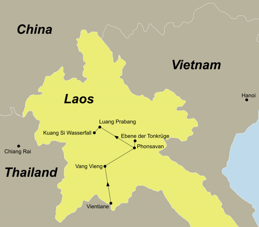 Die Laos Rundreise führt von Vientiane über Vang Vieng, Phonsavan, Ebene der Tonkrüge, Luang Prabang, Kuang Si Wasserfall, wieder nach Luang Prabang.
