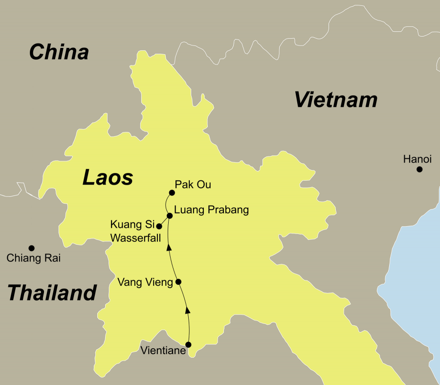 Die Laos Rundreise führt von Vientiane, Vang Vieng, Luang Prabang, Mekong, Pak Ou, Luang Prabang, Kuang Si,wieder nach Luang Prabang.