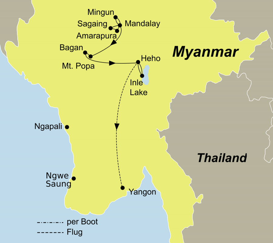 Die Best of Myanmar Rundreise führt von Mandalay über Mount Popa und Bagan nach Yangon
