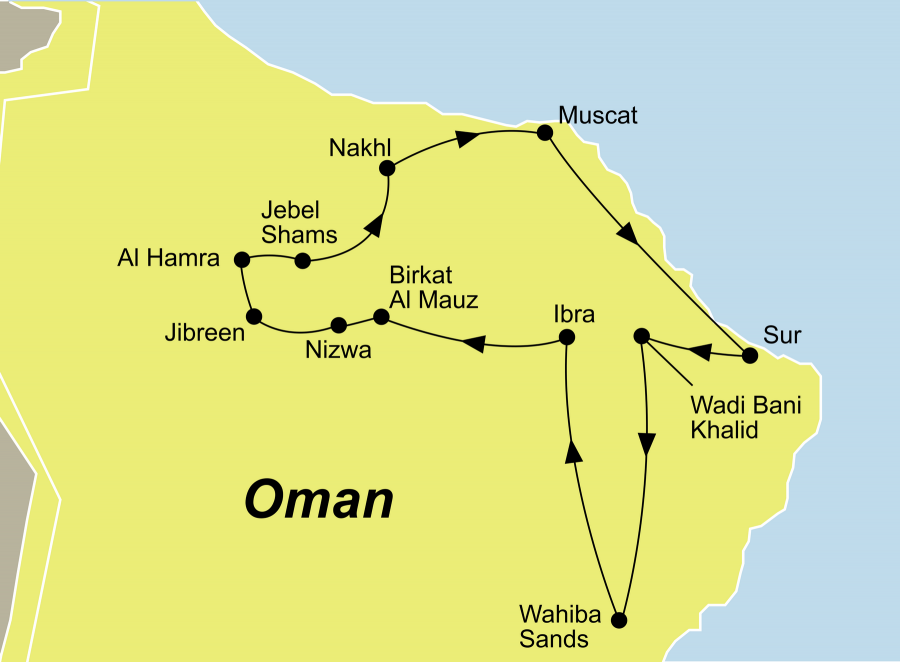 Der Reiseverlauf zu unserer Oman Reise startet in Muscat und endet in Muscat
