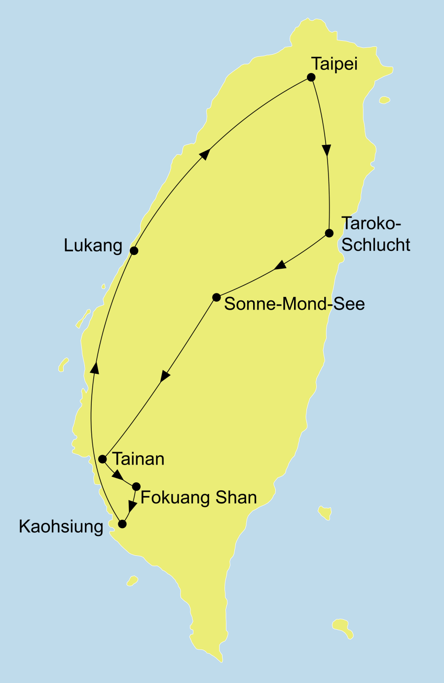 Die Best of Taiwan Rundreis führt von Taipeh über Taroko Nationalpark, Sonne-Mond-See, Tainan, Foguangshan Kloster, Kaohsiung, Lukang zurück nach Taipeh.