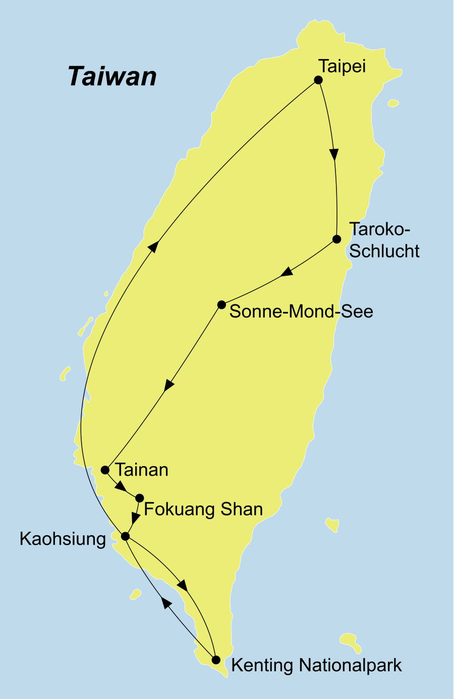 Die Best of Taiwan mit Kenting Nationalpark Rundreise führt von Taipeh über Taroko Nationalpark, Sonne-Mond-See, Tainan, Foguangshan Kloster, Kaohsiung, Kenting Nationalpark zurück nach Taipeh.