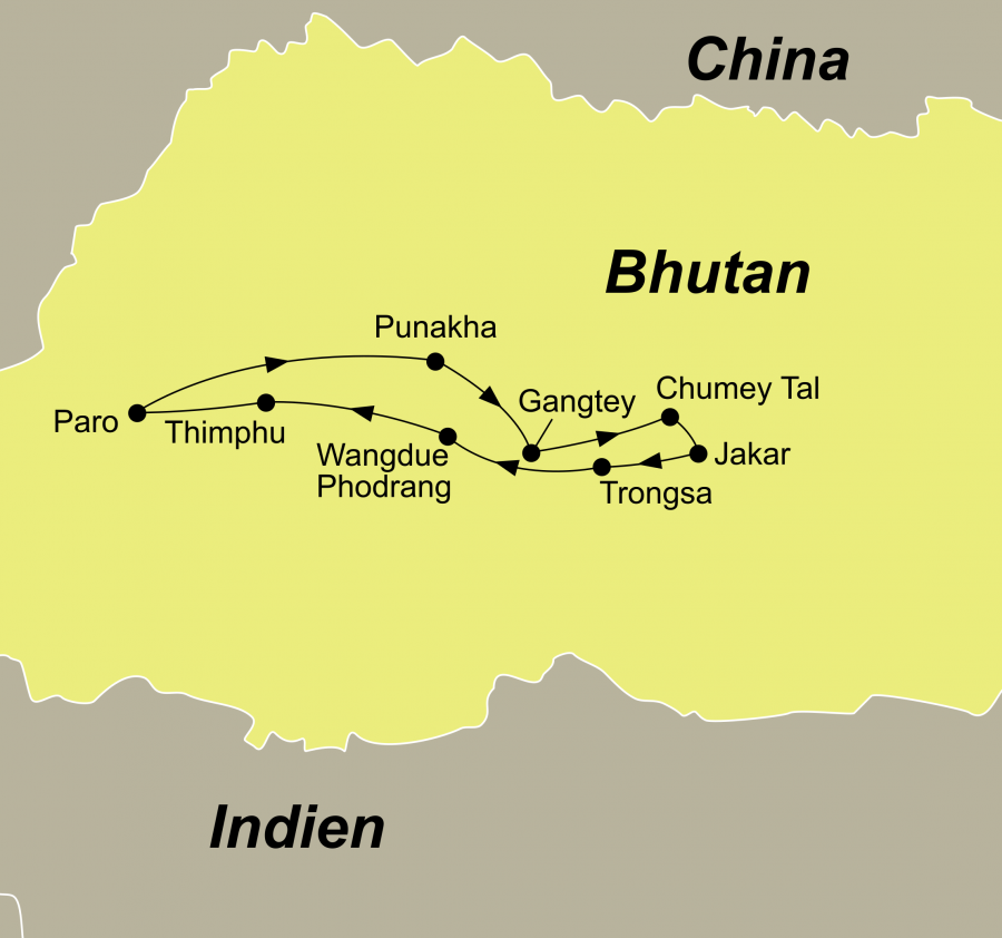 Die Bhutan Reise Tanz der Dämonen führt von Paro über Gangtey, Chumey und Trongsa zurück nach Paro.