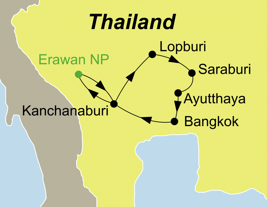 Der Reiseverlauf zu unserer Thailand Reise führt von Bangkok über Kanchanaburi – Erawan Nationalpark – Ayutthaya zurück nach Bangkok – (Baden Thailand)