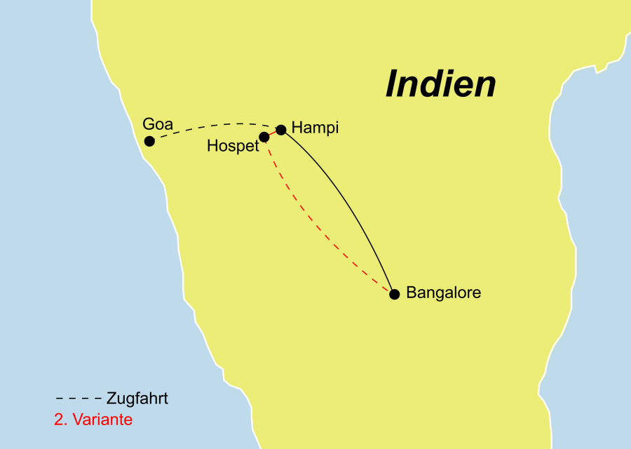 Die Indien Rundreise führt von Bangalore über Hospet – Hampi – Hospet nach Goa oder zurück nach Bangalore.