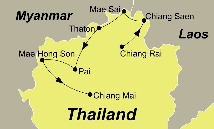 Die Thailand Rundreise führt von Chiang Rai über das Goldene Dreieck, Thaton, Pai und Mae Hong Son nach Chiang Mai.