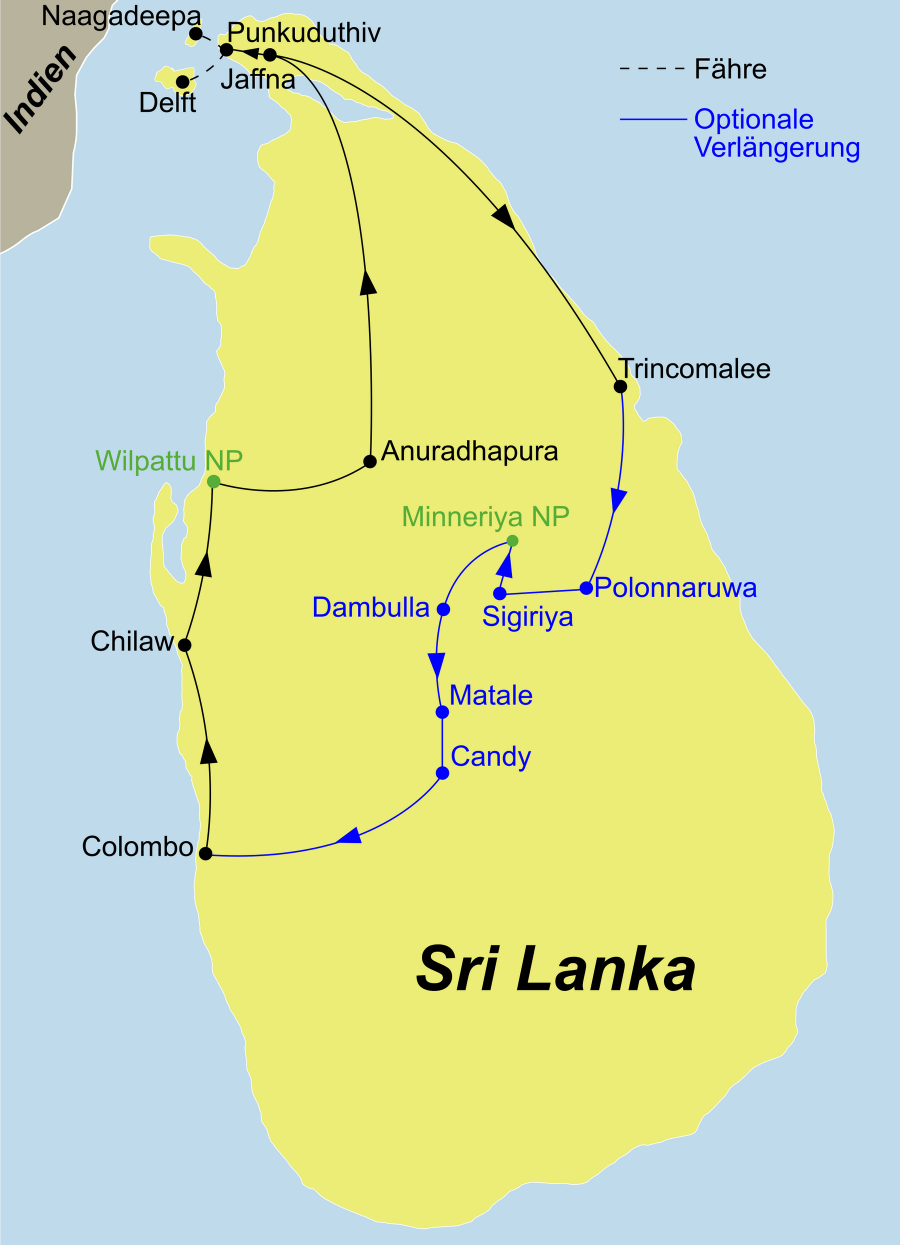 Die Erlebe Sri Lanka Rundreise führt von Colombo über die Westküste bis nach Jaffna und Trincomalee an der Ostküste