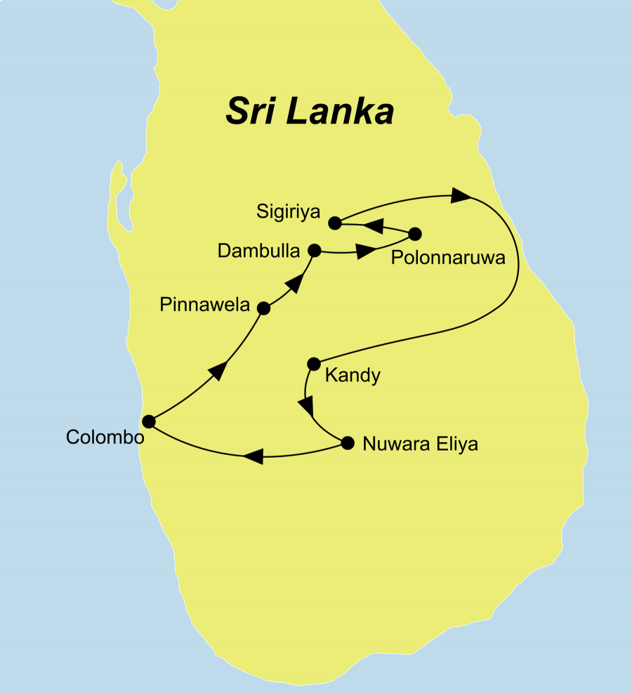 Die Rundreise der Garten ohne Jahreszeiten führt von Colombo nach Pinnawela über Polonnaruwa und Sigiriya nach Kandy und Nuwara Eliya